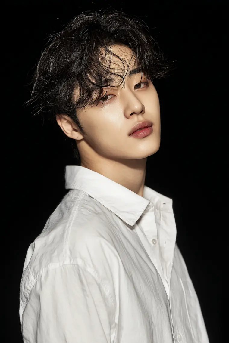 하단 라운지 테이블에서 잔을 든 검정 수트 차림의 20대 초 한국인 호스트